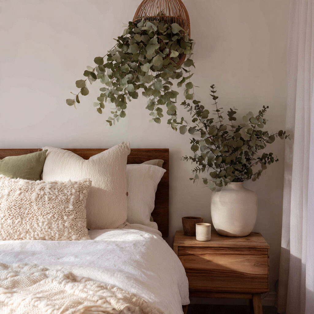 26 Green Bedroom Ideas That Bring Nature, Calm, and Fresh Energy Into Your Bedroom Try This Look 20 Hang Dried Eucalyptus Bundles as Wall Decor