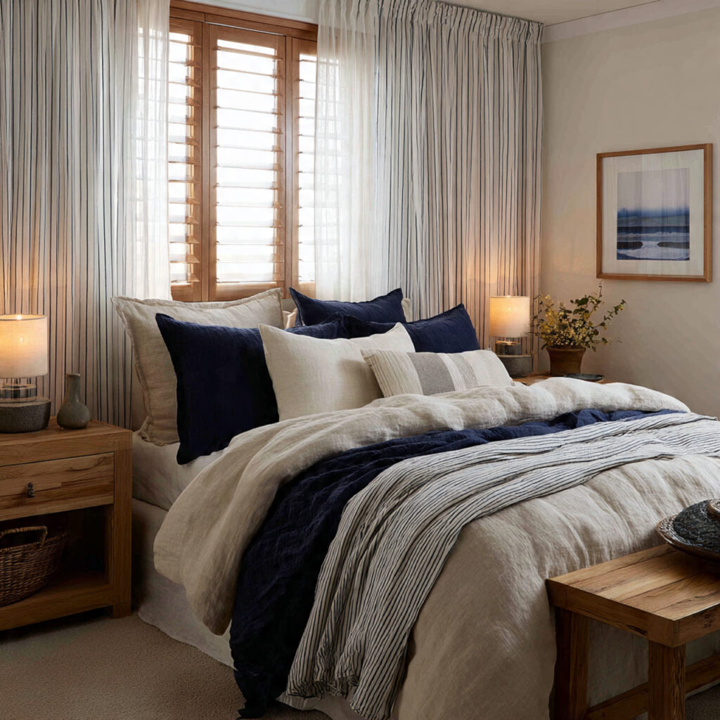 Navy and Cream Linen Bedroom With Classic Stripe Curtains