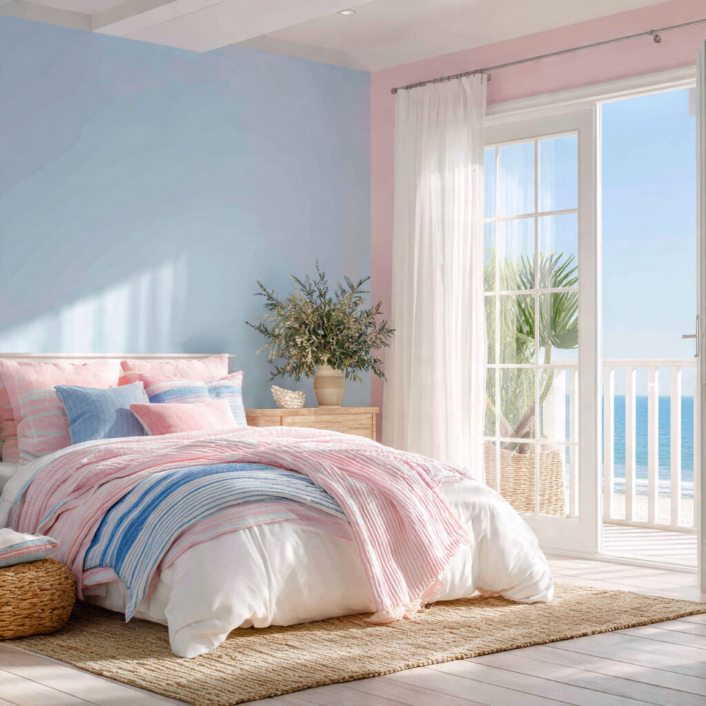 Pink and Sky Blue Coastal Summer Bedroom