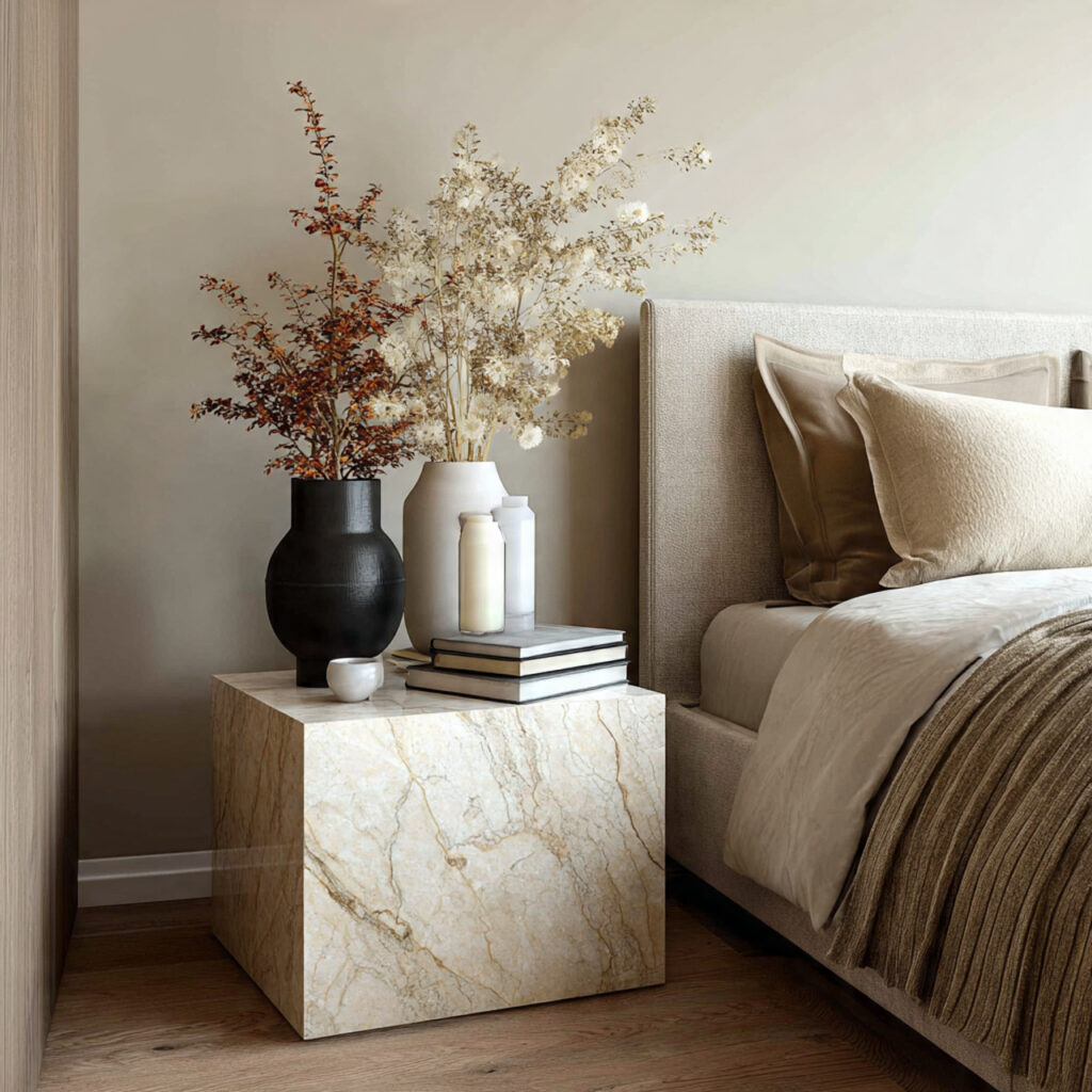 28 Bedroom Ideas 2026 That Bring Modern Trends and Fresh Style Into Your Space Stay Ahead Now 20 Use a Stone or Marble Effect Beside Table