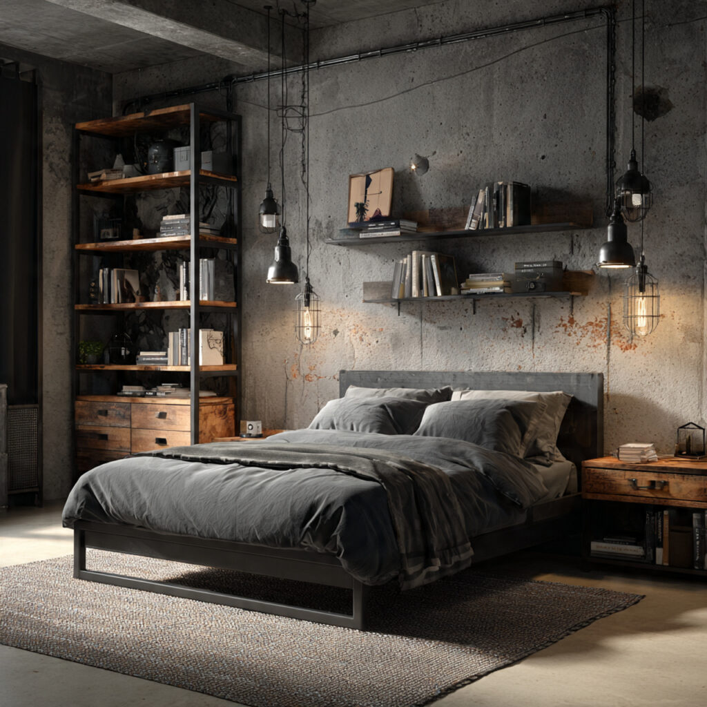 24 Bedroom Ideas for Men That Look Clean, Stylish, and Masculine Upgrade Your Space Today 20 Urban Loft Bedroom With Open Shelving and Concrete Tones
