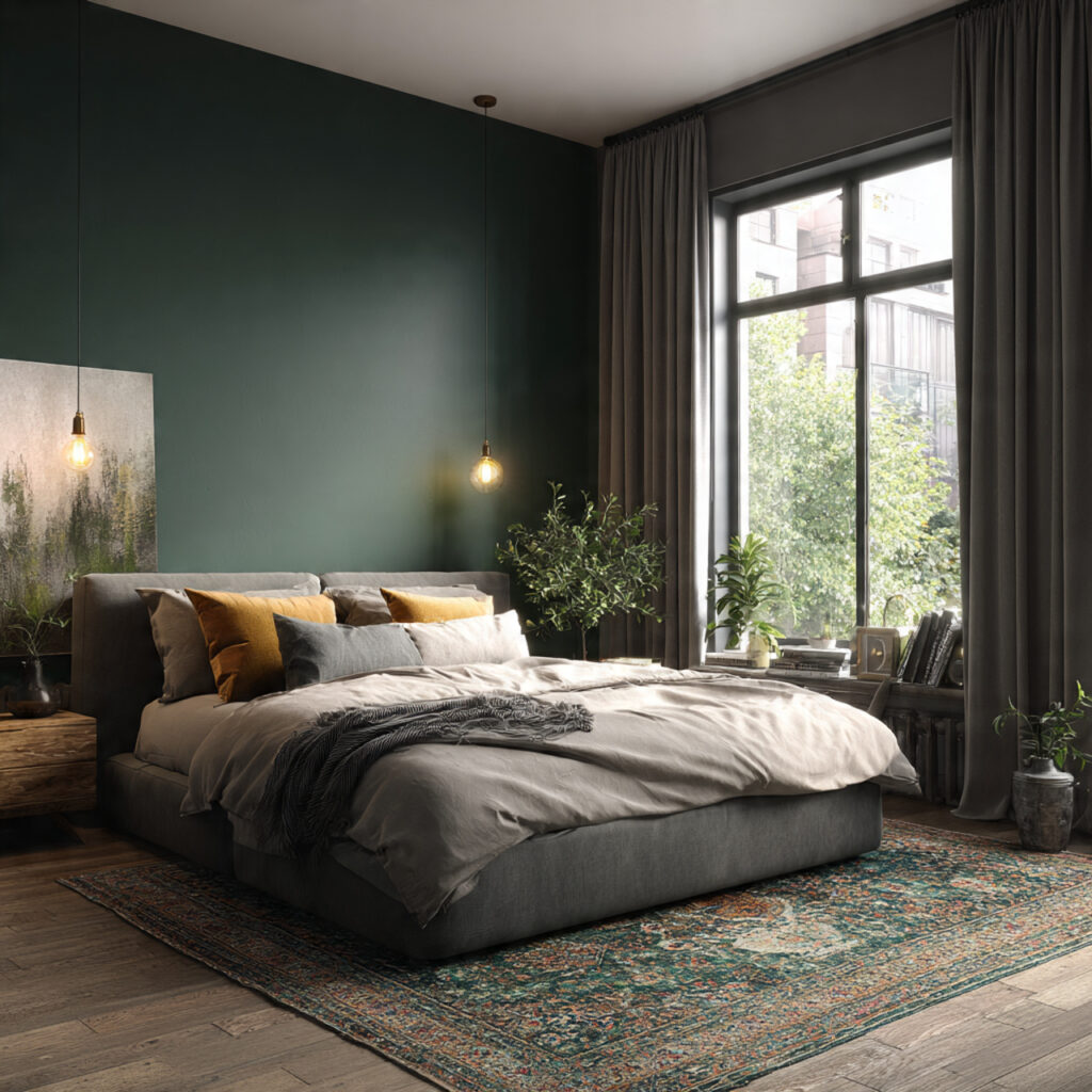 26 Green Bedroom Ideas That Bring Nature, Calm, and Fresh Energy Into Your Bedroom Try This Look 3 Choose Deep Forest Green for a Bold Accent Wall