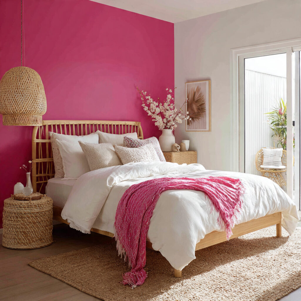 Hot Pink Accent Wall With Neutral Furniture and Rattan Accents