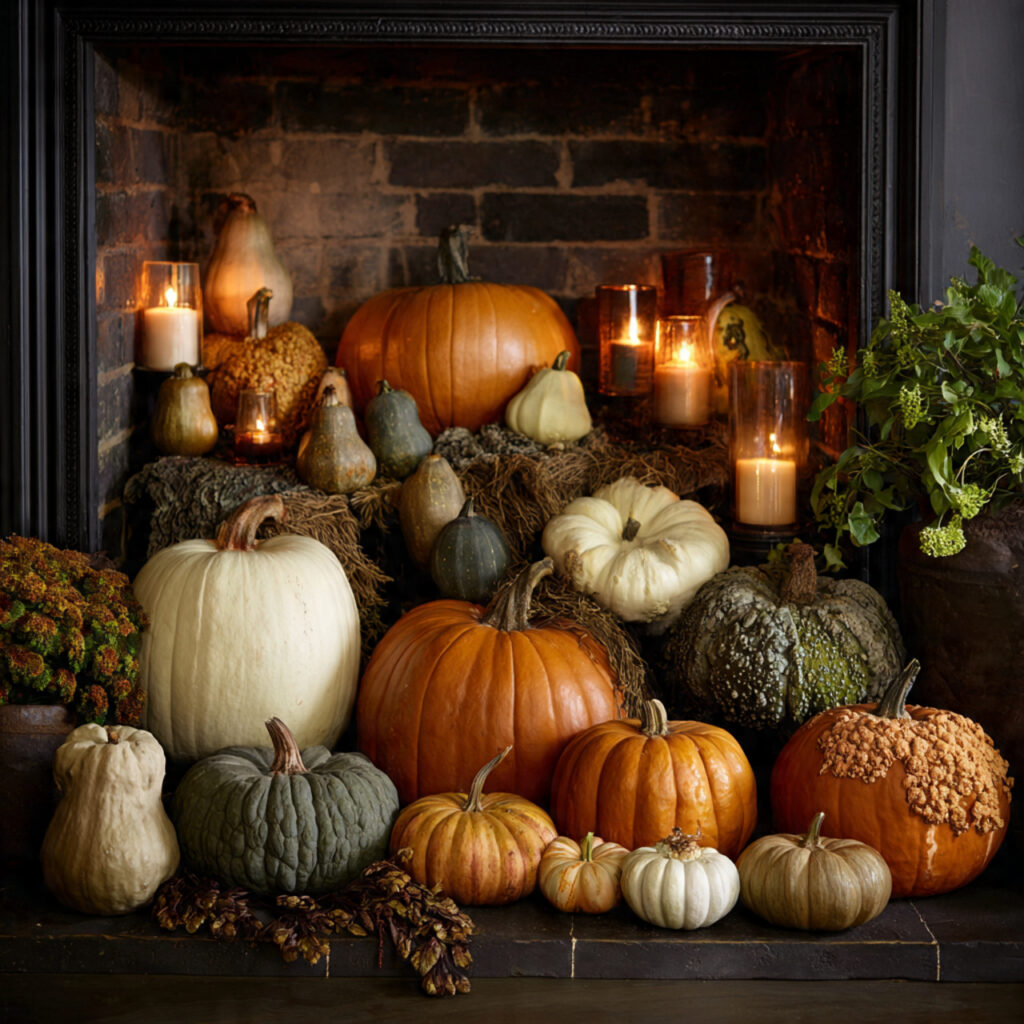 22 Fall Mantel Decorating Ideas for a Cozy Seasonal Refresh 3 Pumpkin Variety Display