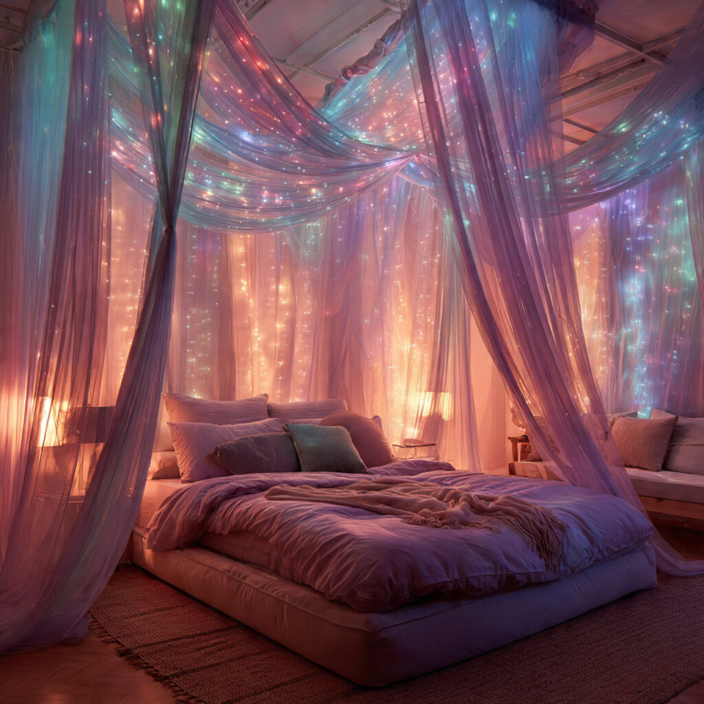Iridescent Canopy or Fairy Lights Above the Bed