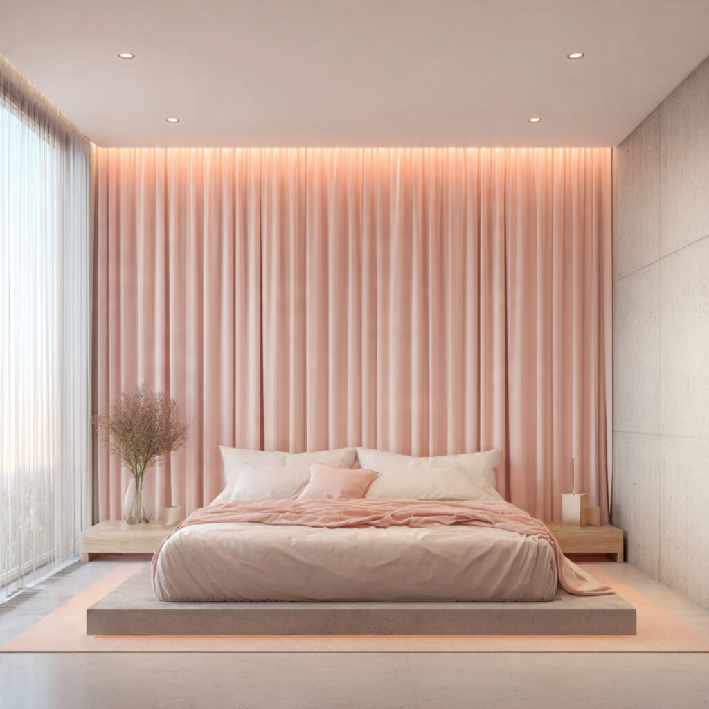 Pink Curtain Wall With Floating Bed and Minimal Setup
