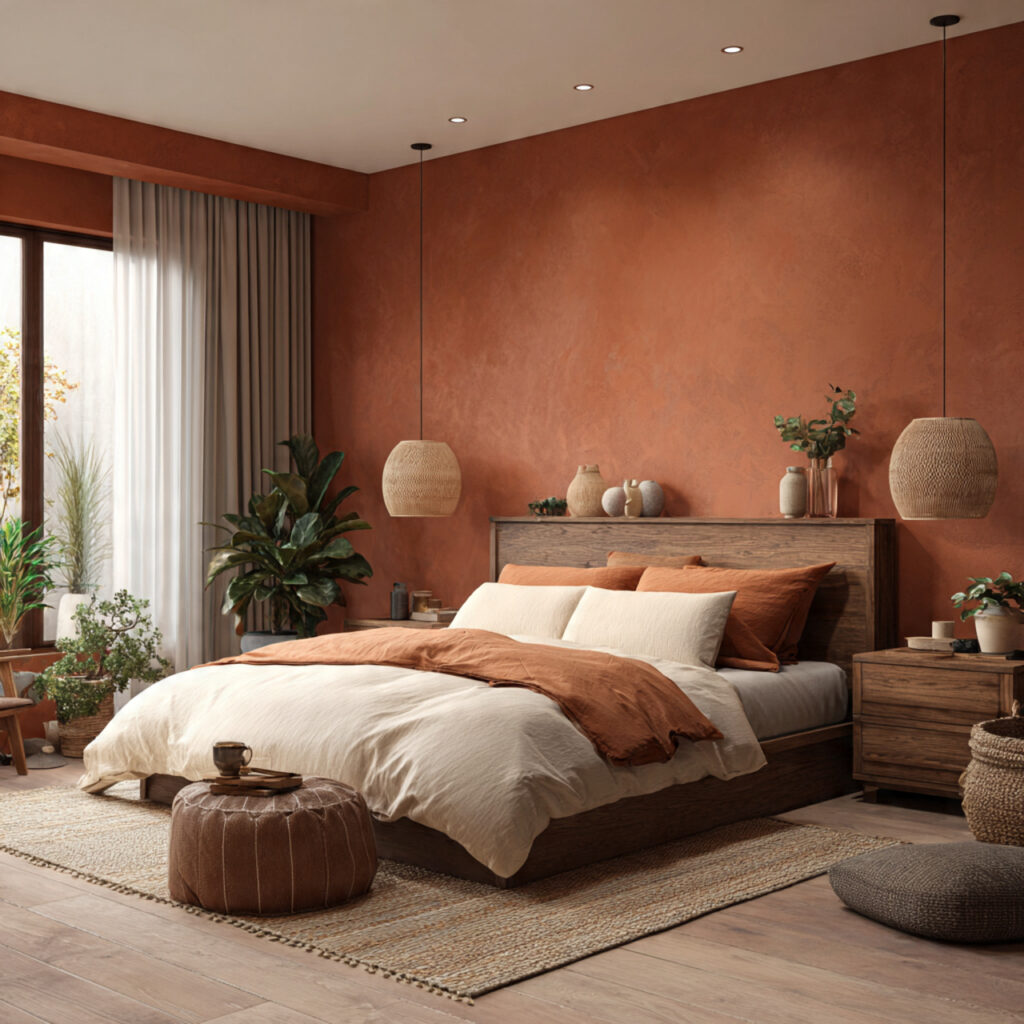 24 Bedroom Ideas for Men That Look Clean, Stylish, and Masculine Upgrade Your Space Today 21 Warm Terracotta and Cream Bedroom With Natural Textures