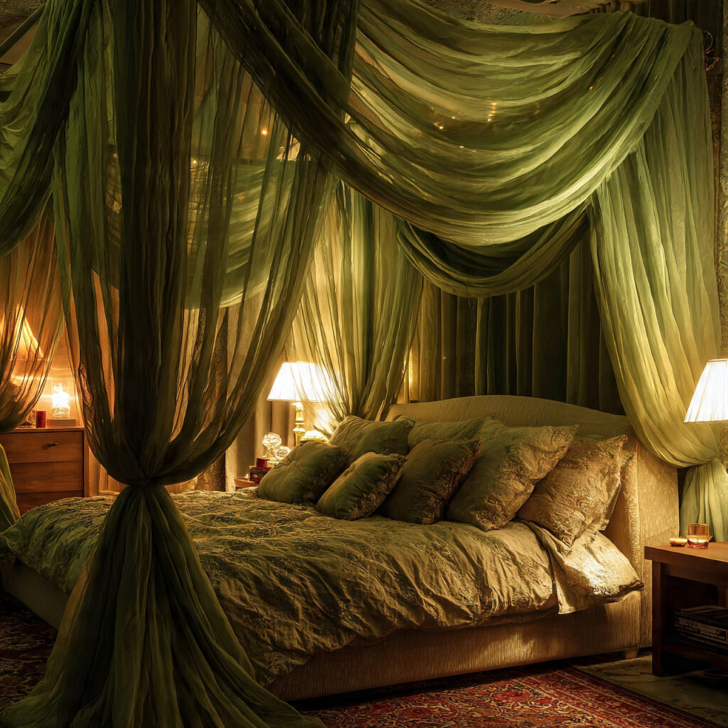 26 Green Bedroom Ideas That Bring Nature, Calm, and Fresh Energy Into Your Bedroom Try This Look 22 Add a Green Canopy Over the Bed