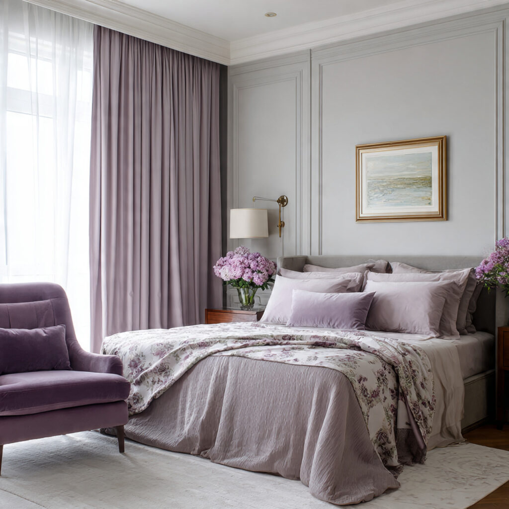 A Purple Gray Color Palette Extended to Curtains