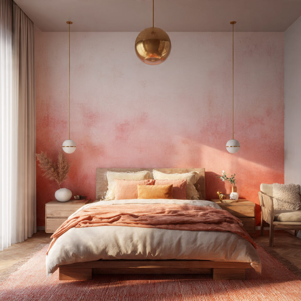 Pink Sunrise Ombre Wall With Layered Warm Bedding