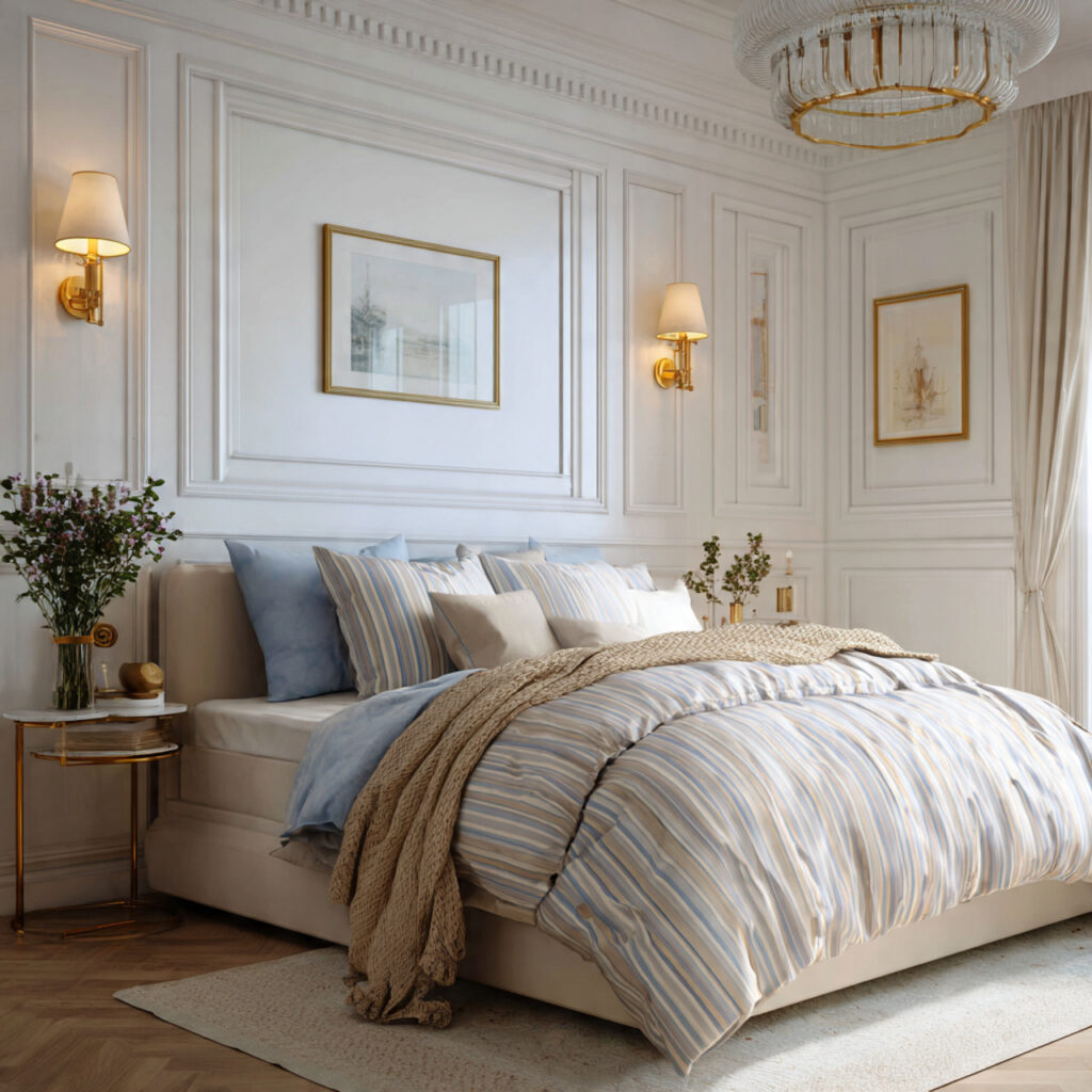 Preppy Wainscoting Wall With Stripe Bedding and Brass Hardware