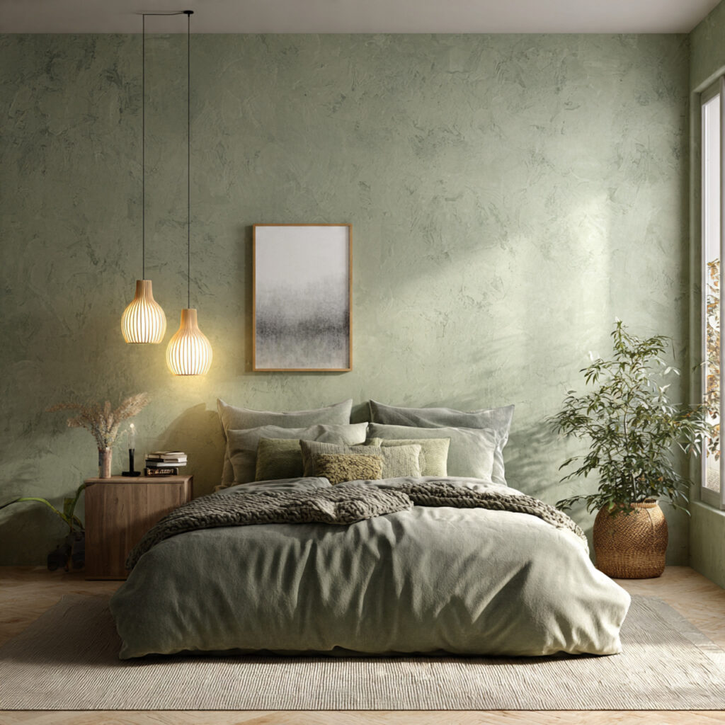 26 Green Bedroom Ideas That Bring Nature, Calm, and Fresh Energy Into Your Bedroom Try This Look 23 Use a Sage Green Limewash Paint Effect