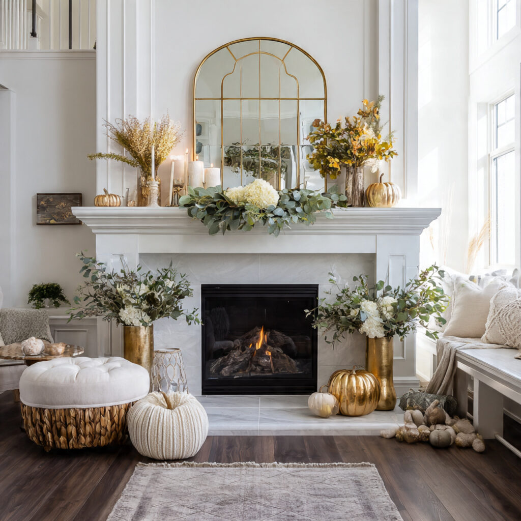 22 Fall Mantel Decorating Ideas for a Cozy Seasonal Refresh 23 Mixed Metallics and Natural Elements