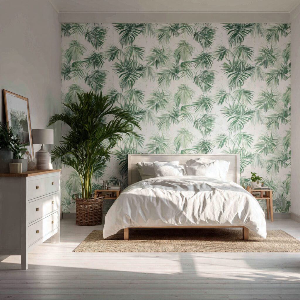 Palm Print Wallpaper and Tropical Preppy Bedroom Setup