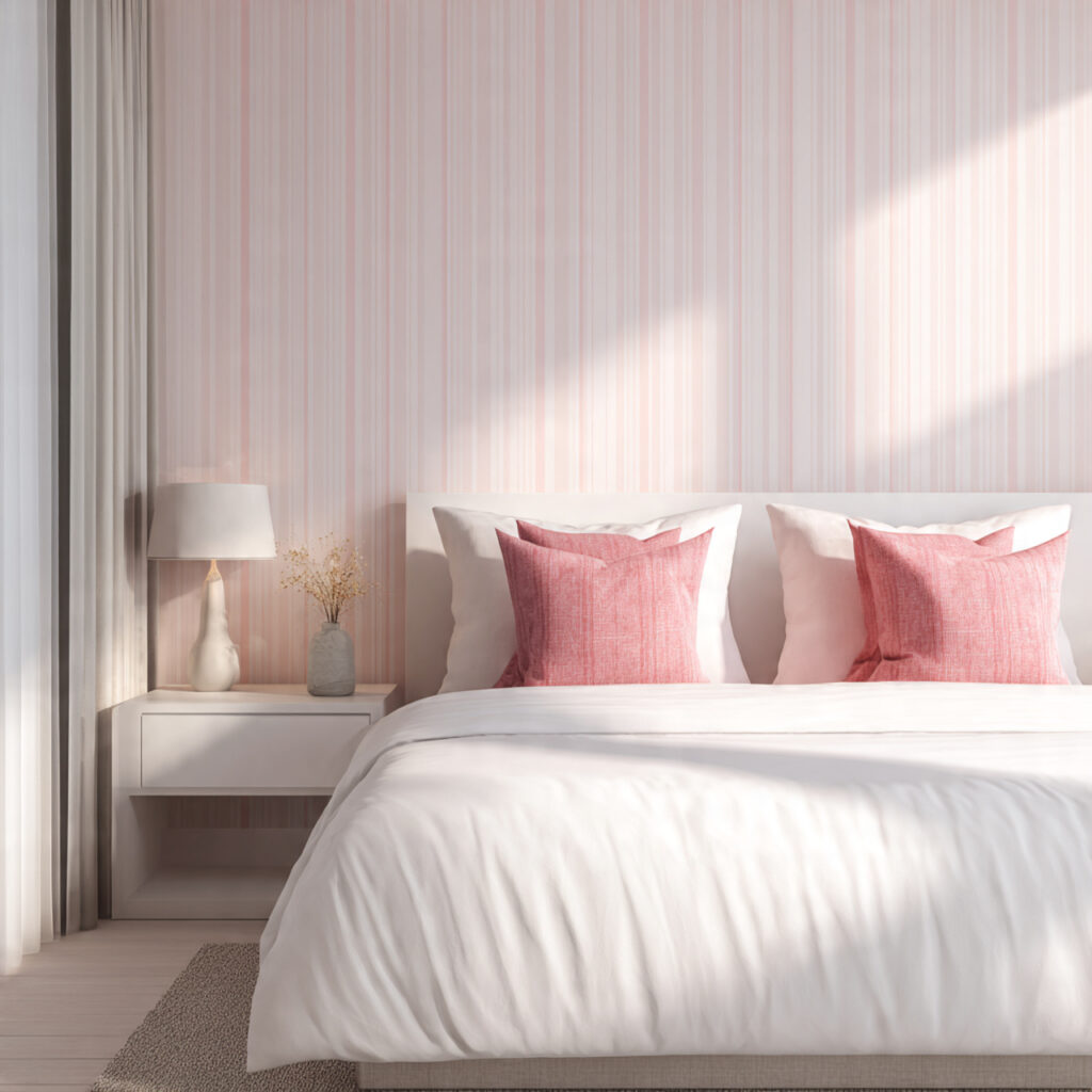 Pink and White Stripe Accent Wall With Boutique Hotel Bedding