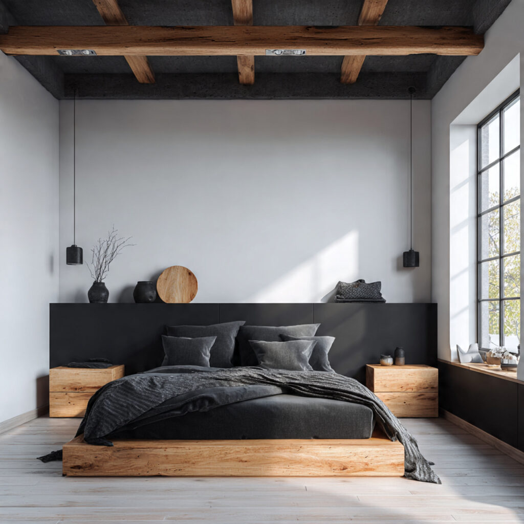 24 Bedroom Ideas for Men That Look Clean, Stylish, and Masculine Upgrade Your Space Today 24 Matte Black and Raw Timber Contrast Bedroom