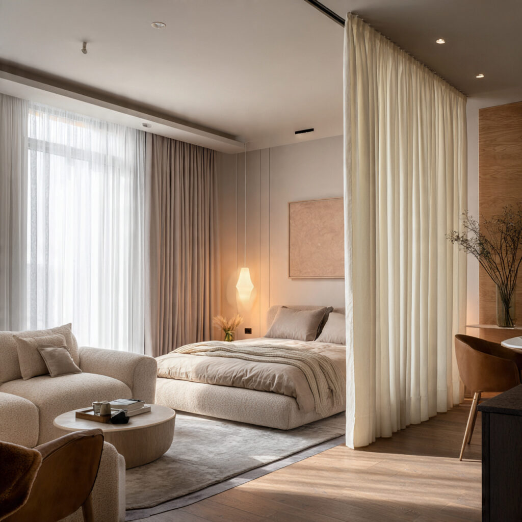 27 Modern Bedroom Ideas That Create a Sleek, Elegant, and Pinterest-Perfect Space Instantly 24 Use a Fabric Room Divider or Curtain Panel to Zone the Space