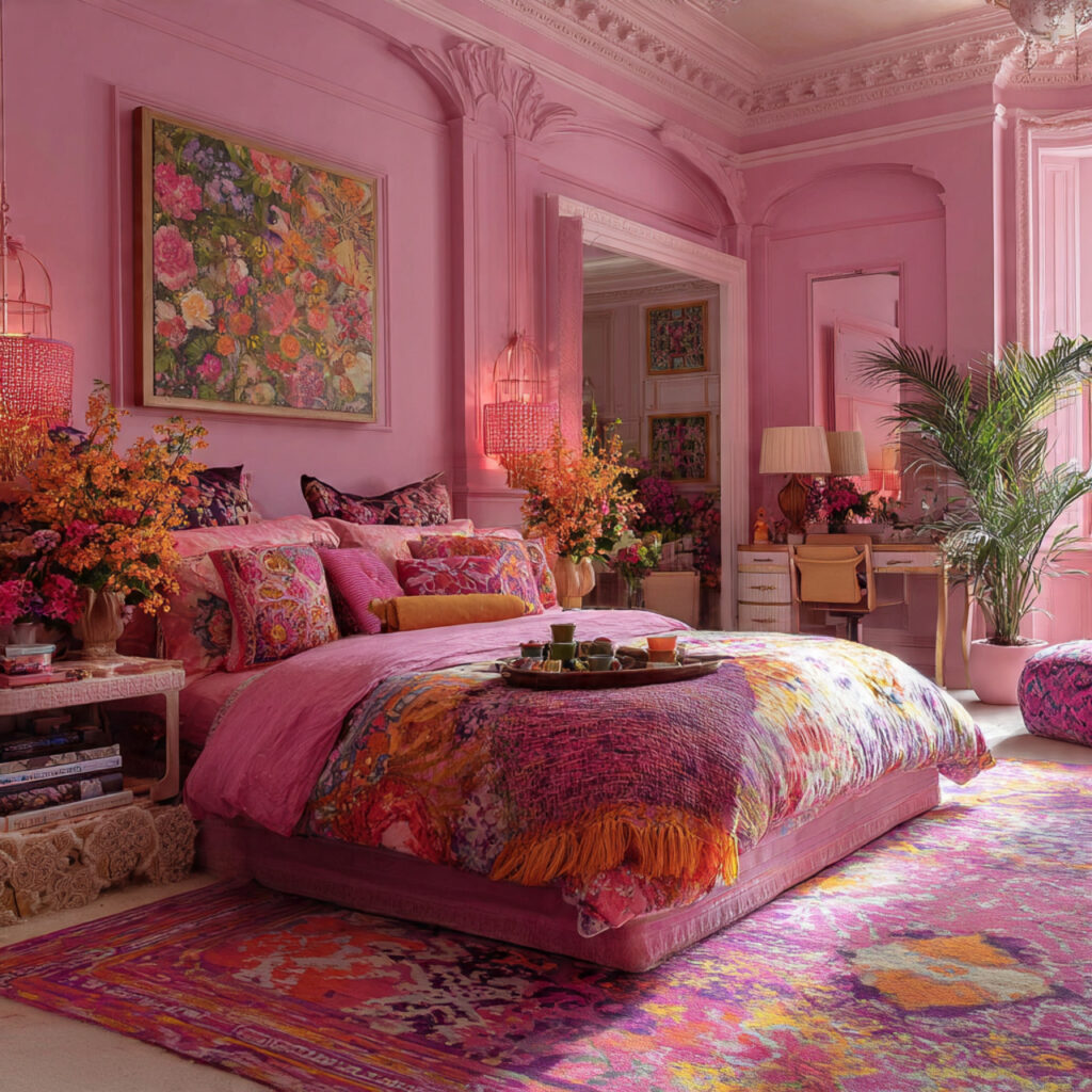 Full Pink Room Maximalist Setup With Mixed Prints and Textures