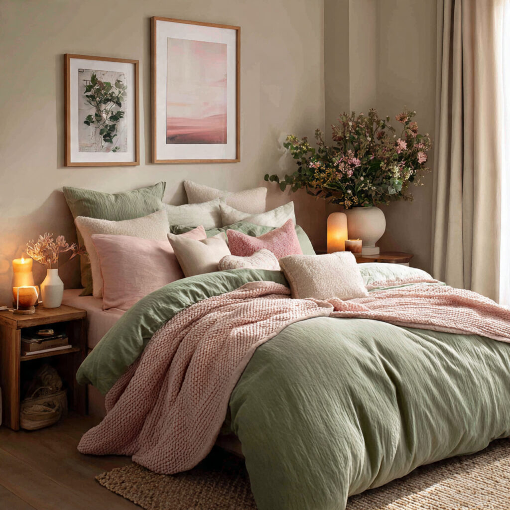 26 Green Bedroom Ideas That Bring Nature, Calm, and Fresh Energy Into Your Bedroom Try This Look 24 Mix Green With Blush Pink for a Soft, Romantic Look