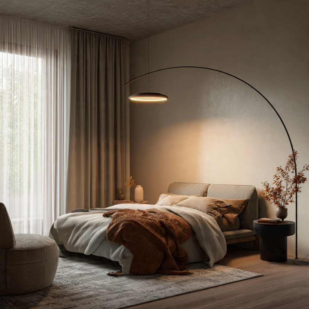 27 Modern Bedroom Ideas That Create a Sleek, Elegant, and Pinterest-Perfect Space Instantly 25 Add an Arc Floor Lamp as a Design Statement