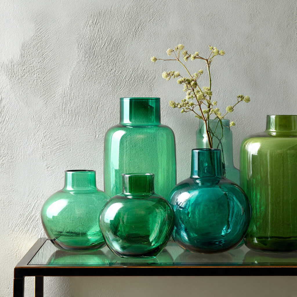 26 Green Bedroom Ideas That Bring Nature, Calm, and Fresh Energy Into Your Bedroom Try This Look 25 Add a Green Glass Vase Collection as a Shelf Display