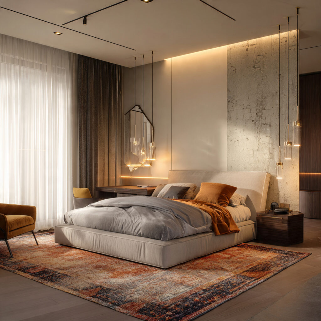 24 Bedroom Ideas for Men That Look Clean, Stylish, and Masculine Upgrade Your Space Today 25 Statement Rug and Layered Lighting Bedroom Setup