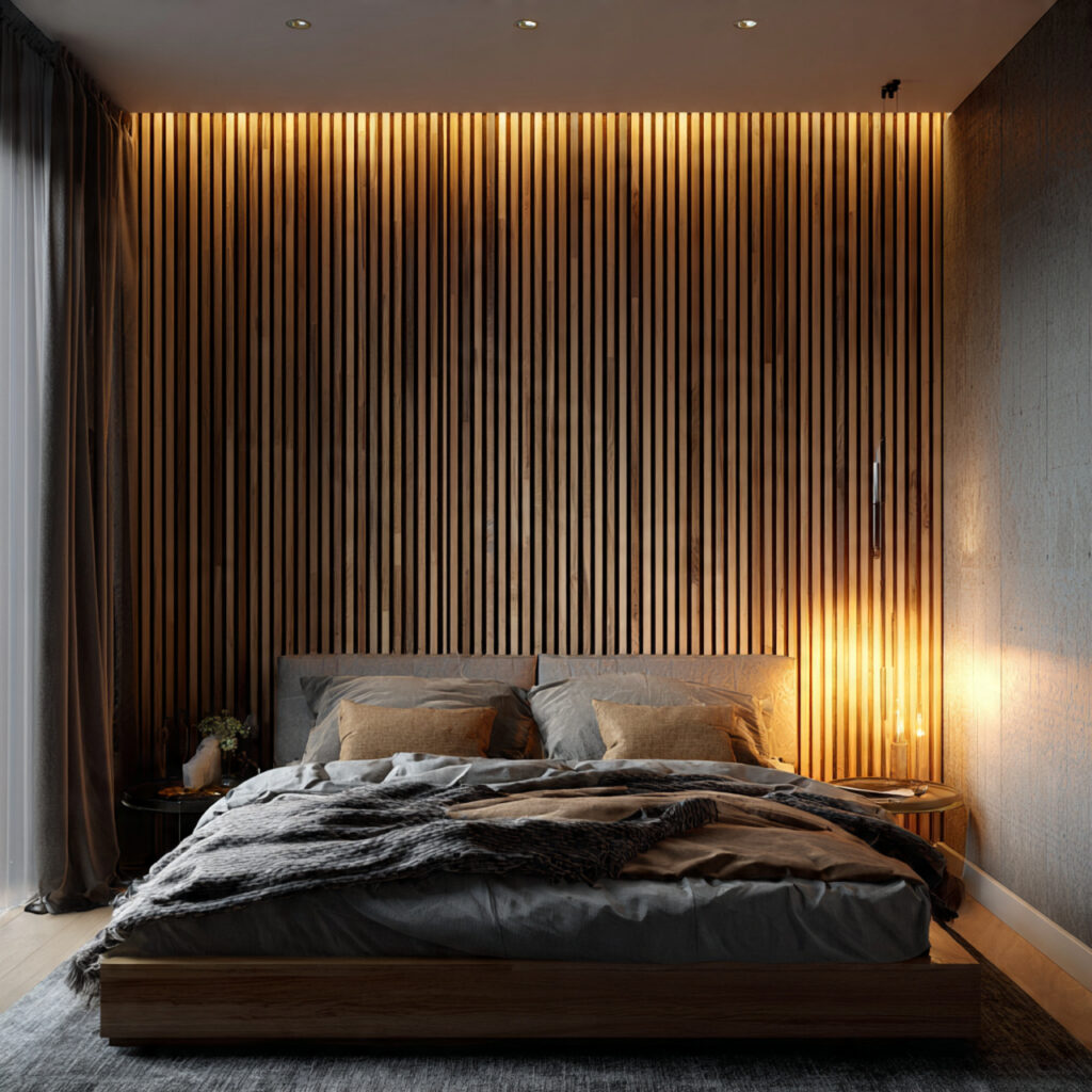 28 Bedroom Ideas 2026 That Bring Modern Trends and Fresh Style Into Your Space Stay Ahead Now 25 Use Vertical Wood Slat Panels on the Headboard Wall