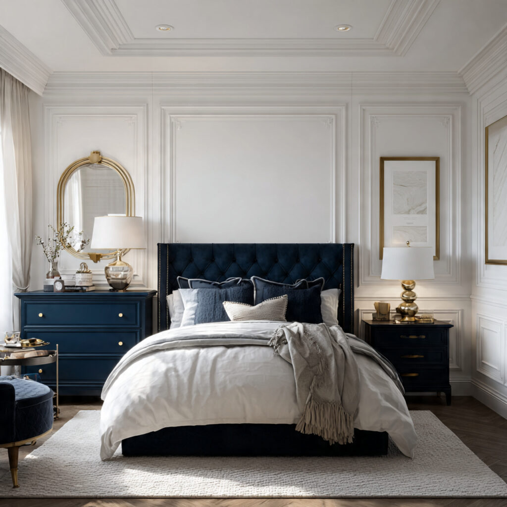 White Paneled Wall With Monochrome Navy Furniture Setup