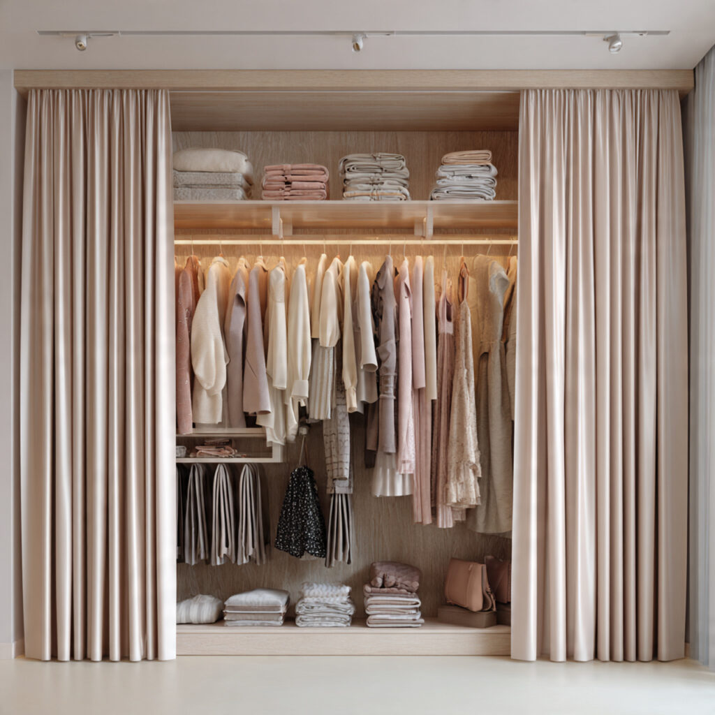 28 Bedroom Ideas 2026 That Bring Modern Trends and Fresh Style Into Your Space Stay Ahead Now 28 Add a Curtain-Backed Open Wardrobe