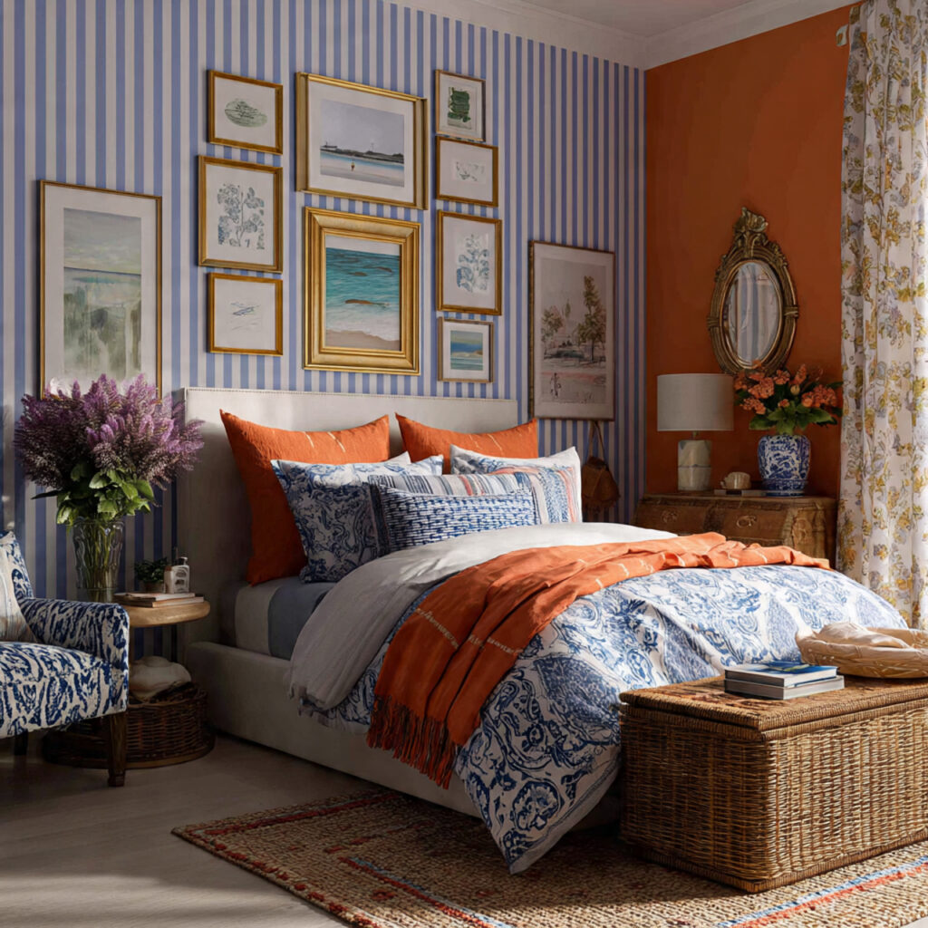 Full Preppy Summer Maximalist Bedroom With Pattern Layering