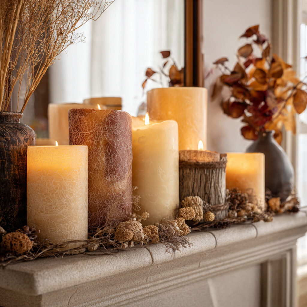 22 Fall Mantel Decorating Ideas for a Cozy Seasonal Refresh 4 Candlelight in Autumn Colors