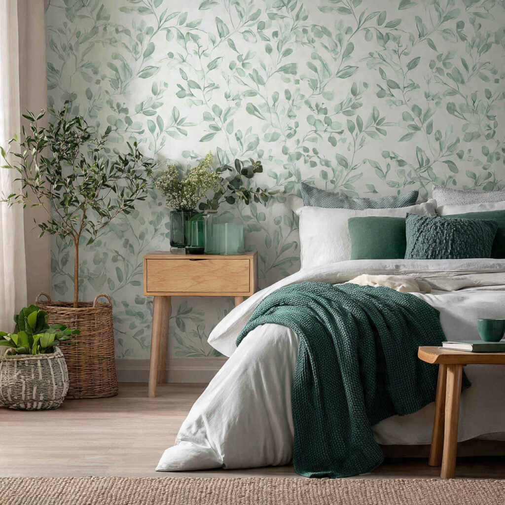 26 Green Bedroom Ideas That Bring Nature, Calm, and Fresh Energy Into Your Bedroom Try This Look 4 Use Botanical Wallpaper as a Statement Wall