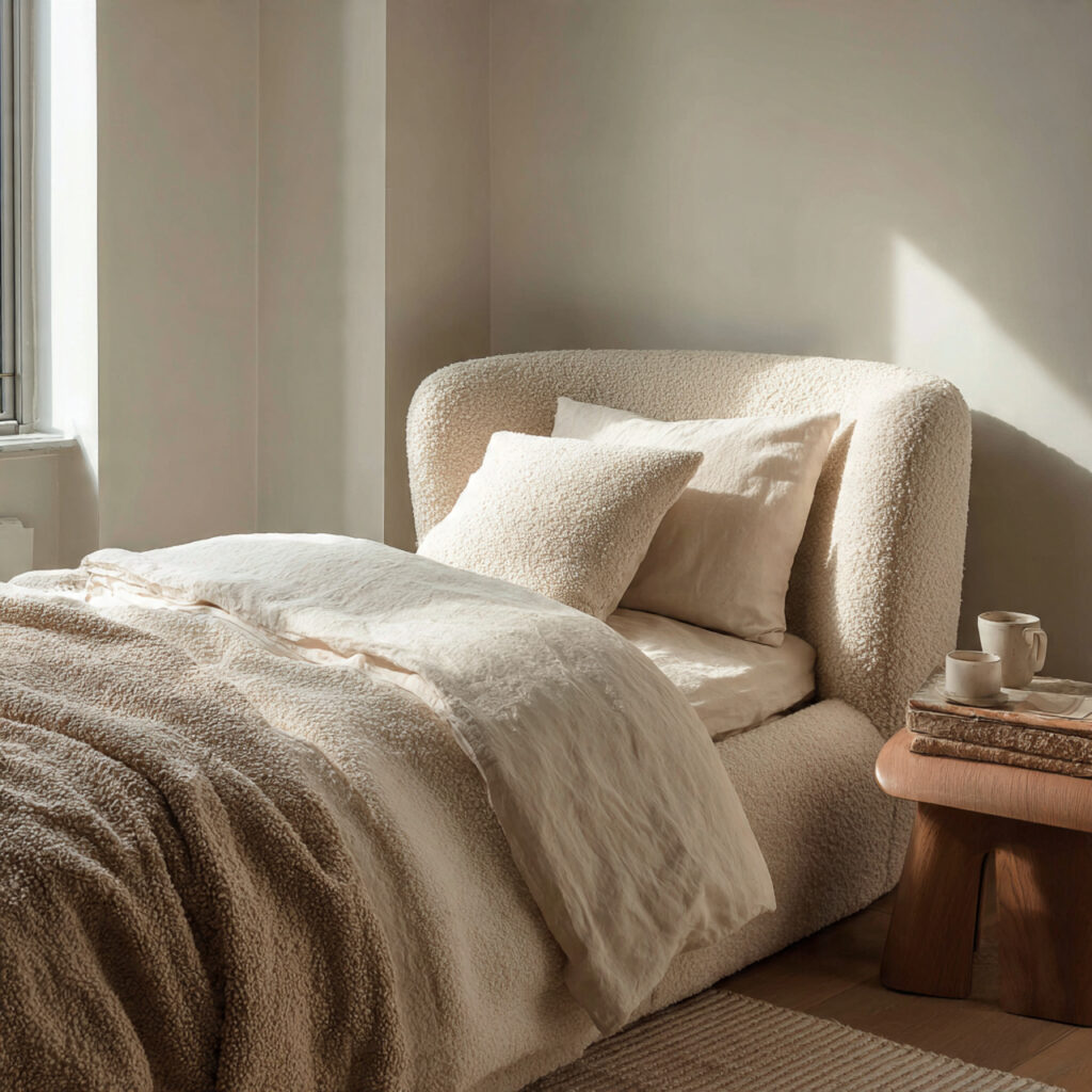 28 Bedroom Ideas 2026 That Bring Modern Trends and Fresh Style Into Your Space Stay Ahead Now 4 Use Boucle Fabric as a Primary Texture