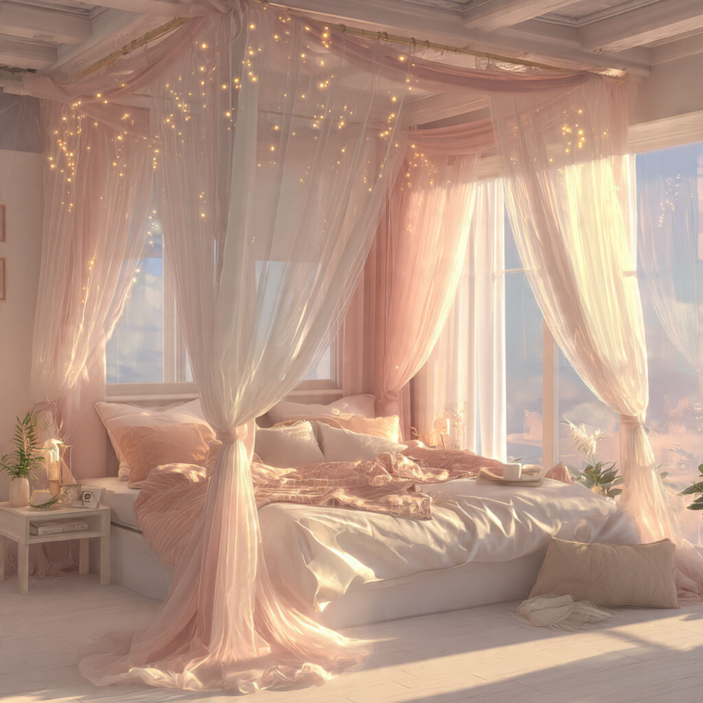 Dreamy Pink and White Canopy Bed Setup