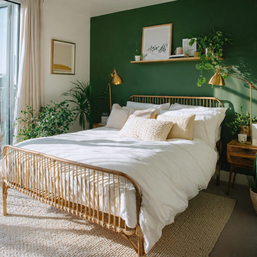 Preppy Green and White Room With Rattan and Brass Accents