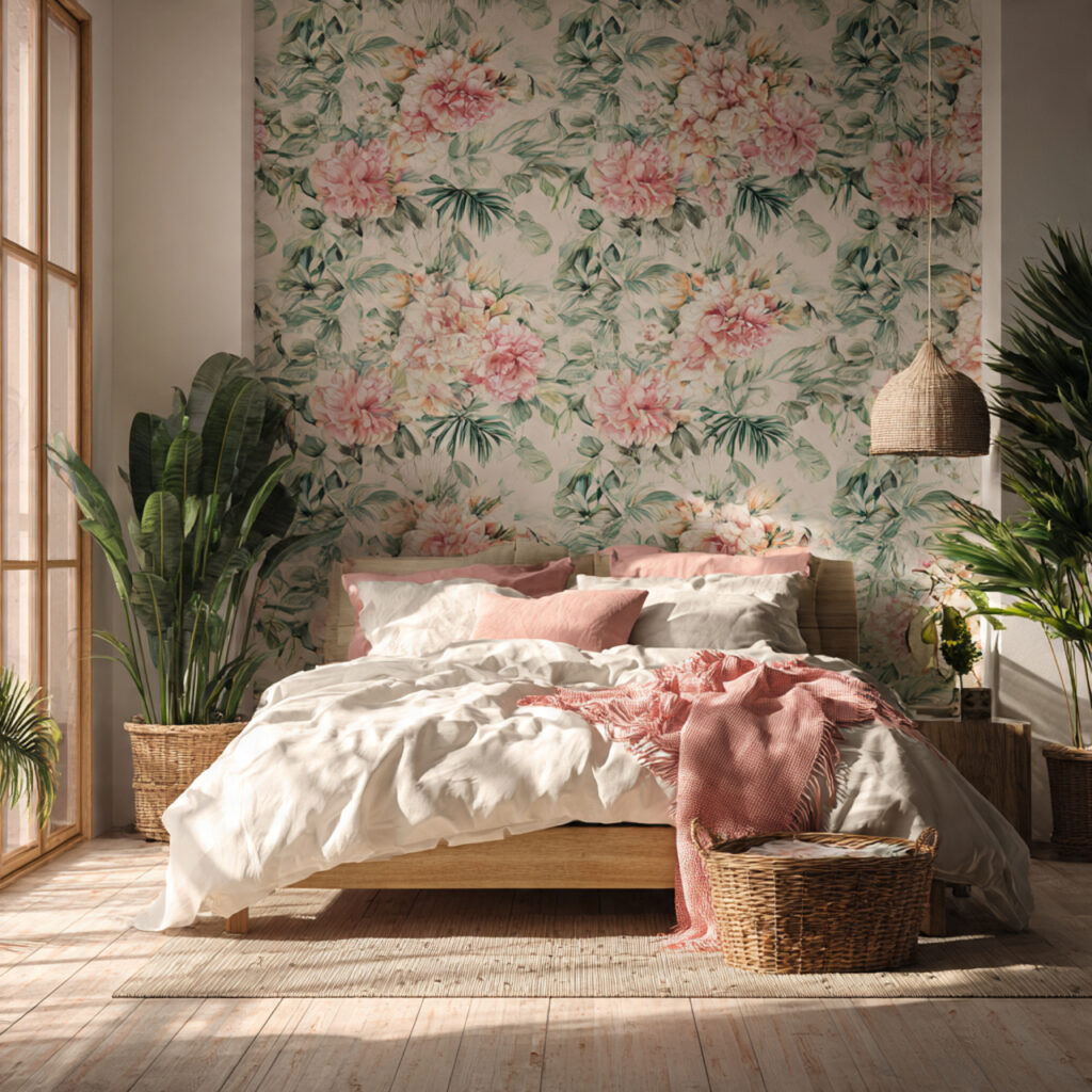 Floral Wallpaper Feature Wall With Pink and Green Botanical Accents