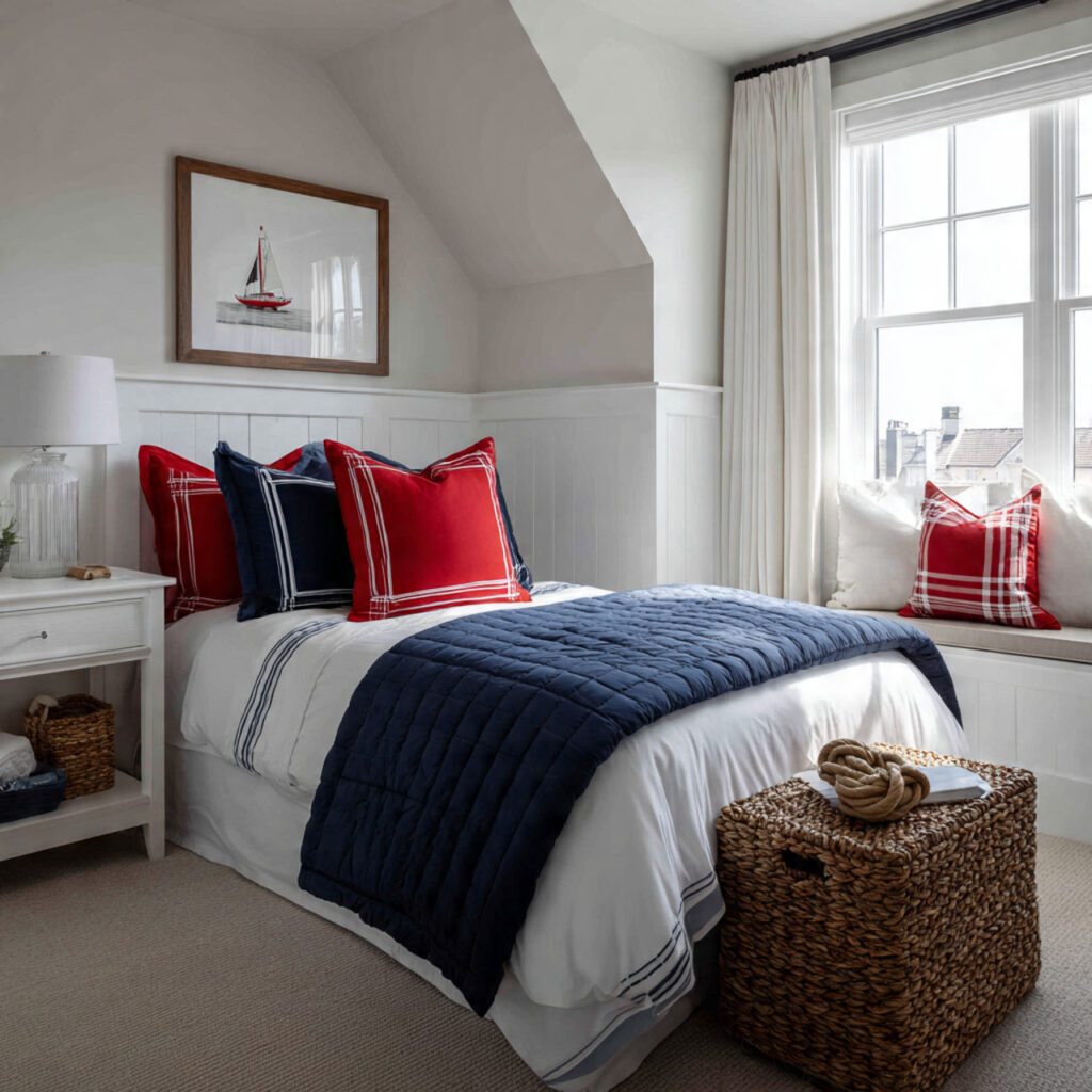 Nautical Navy, Red, and White Coastal Preppy Bedroom
