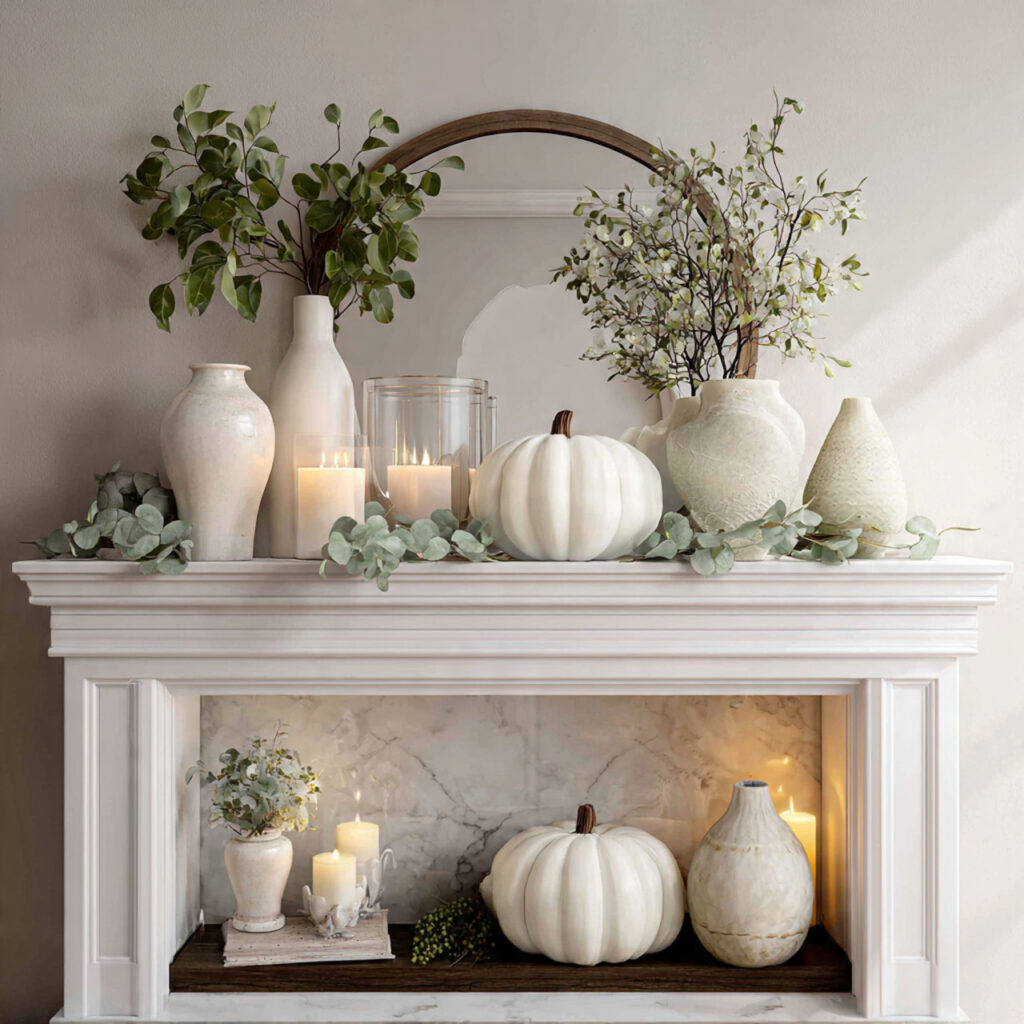 22 Fall Mantel Decorating Ideas for a Cozy Seasonal Refresh 5 White Pumpkin Elegance