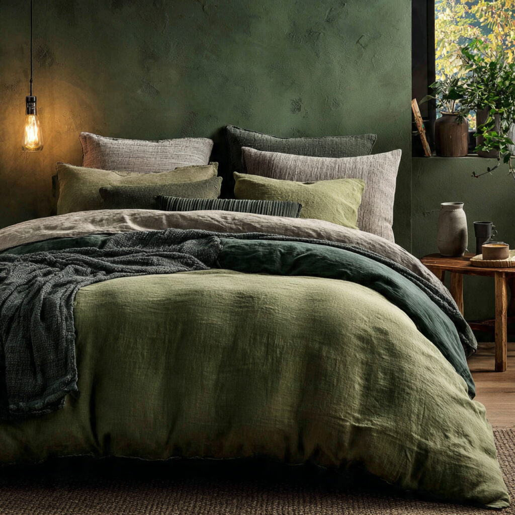26 Green Bedroom Ideas That Bring Nature, Calm, and Fresh Energy Into Your Bedroom Try This Look 6 Layer Green Bedding in Multiple Tones and Textures