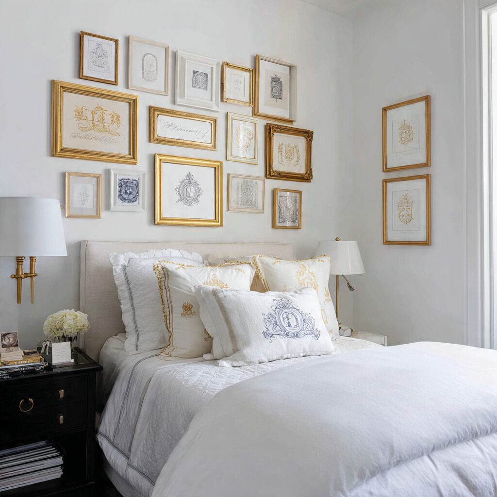 Monogram and Crest Gallery Wall Above the Bed