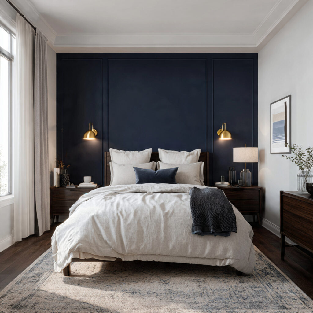 24 Bedroom Ideas for Men That Look Clean, Stylish, and Masculine Upgrade Your Space Today 6 Navy Blue Feature Wall With Brass and Linen Accents