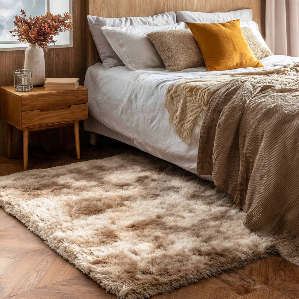 21 Cozy Bedroom Ideas That Make Your Space Warm, Relaxing, and Perfect for Everyday Comfort 6 Place a Soft, Plush Rug Beside the Bed