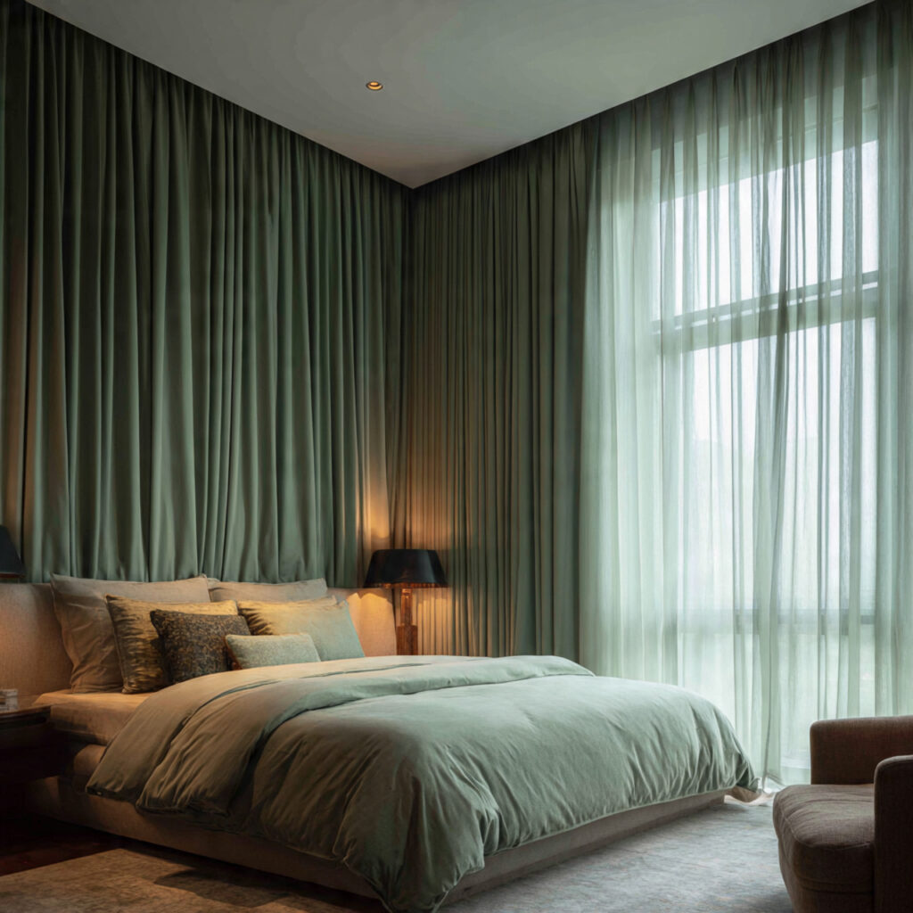 26 Green Bedroom Ideas That Bring Nature, Calm, and Fresh Energy Into Your Bedroom Try This Look 7 Install Green Curtains From Ceiling to Floor