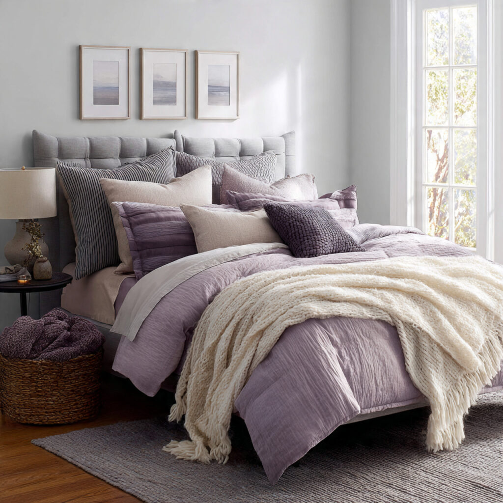Layered Gray and Lavender Bedding