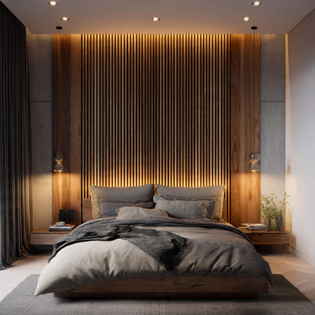 27 Modern Bedroom Ideas That Create a Sleek, Elegant, and Pinterest-Perfect Space Instantly 7 Use Vertical Wood Slat Panels on the Headboard Wall
