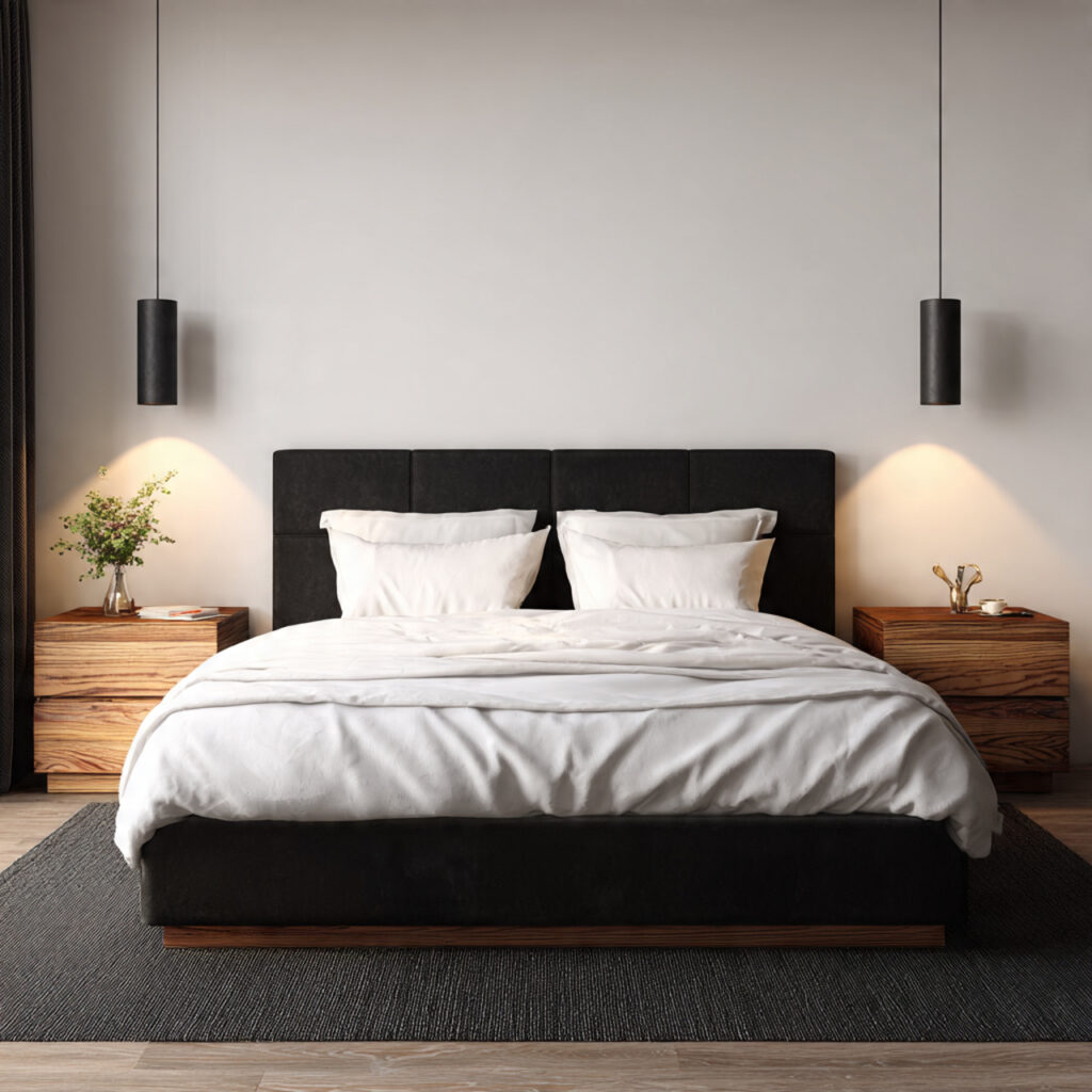 24 Bedroom Ideas for Men That Look Clean, Stylish, and Masculine Upgrade Your Space Today 8 Clean Black, White, and Wood Bedroom Palette