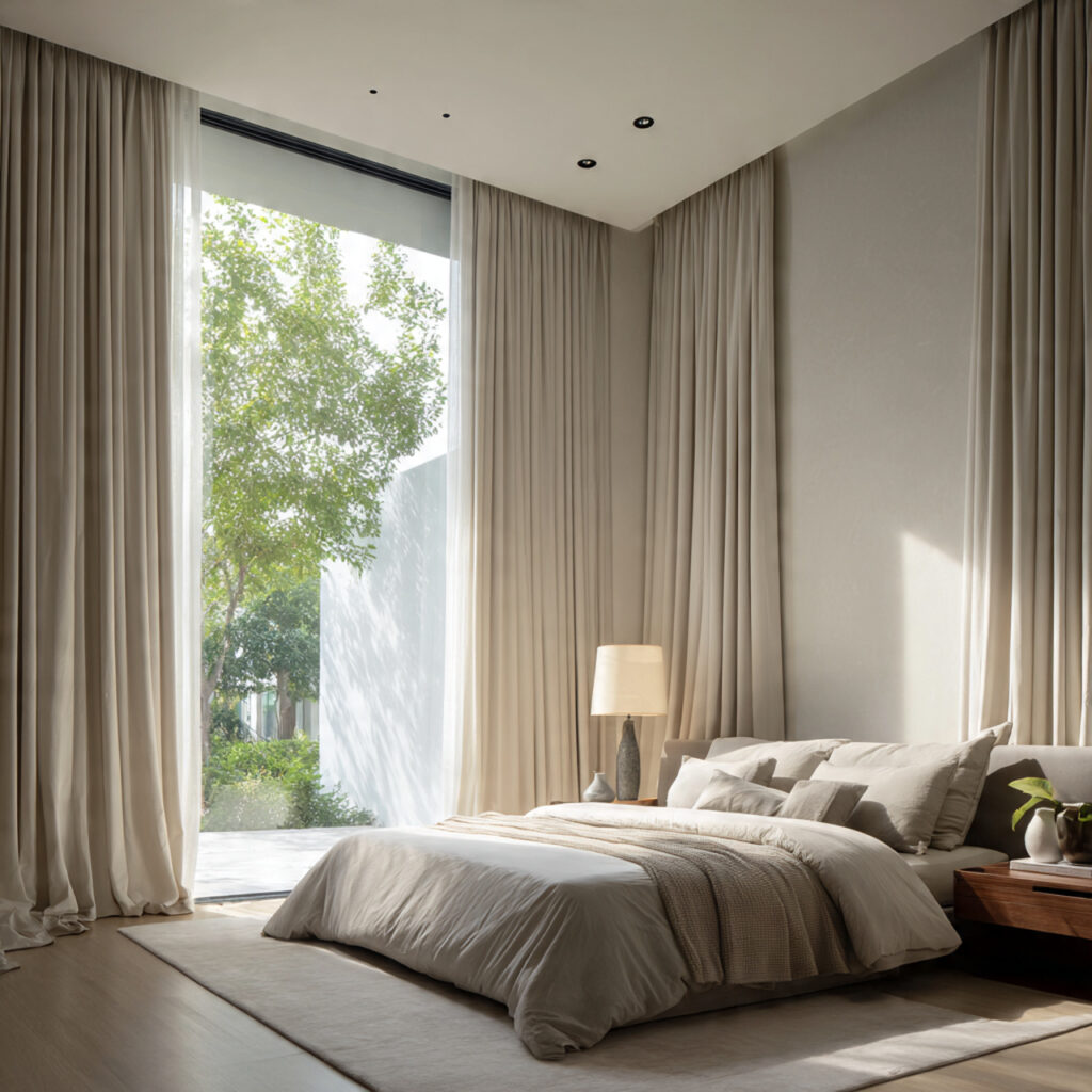 27 Modern Bedroom Ideas That Create a Sleek, Elegant, and Pinterest-Perfect Space Instantly 8 Install Floor-to-Ceiling Curtains in a Solid Neutral