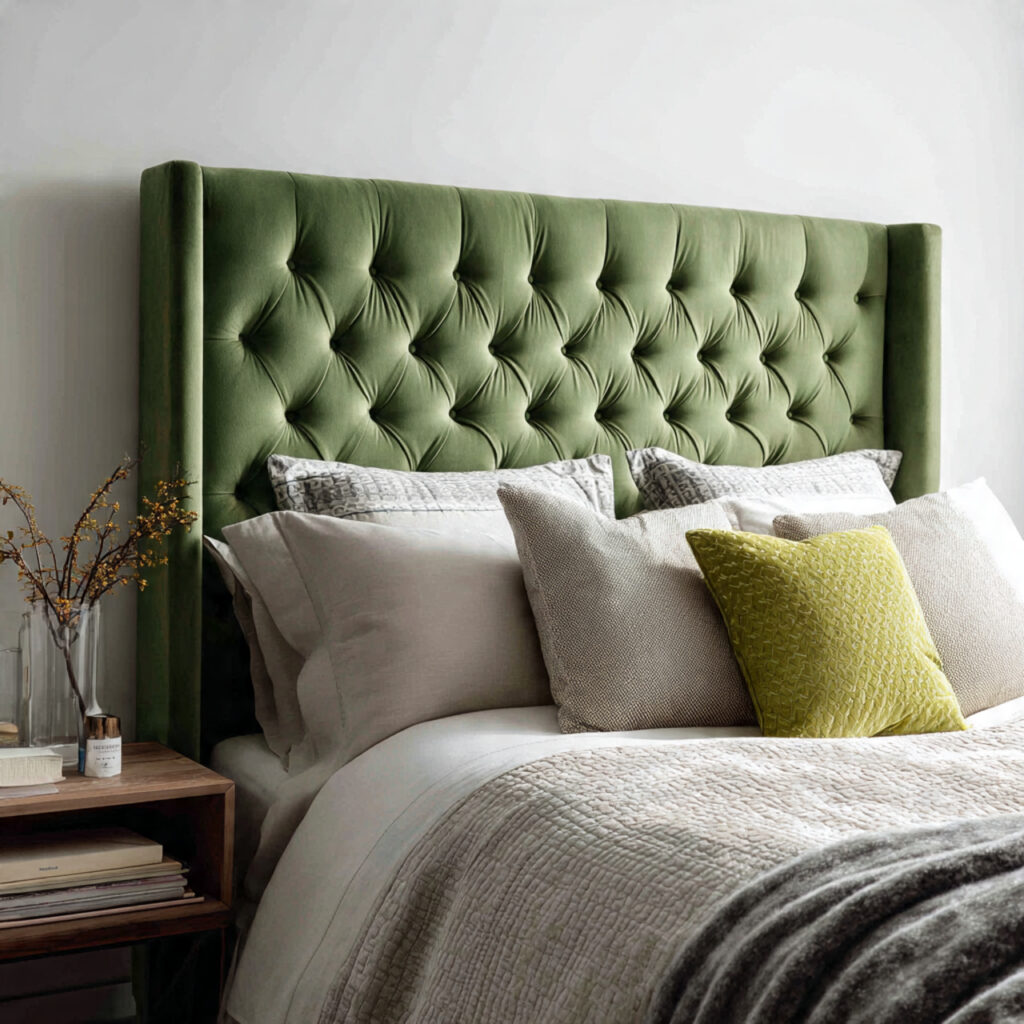 26 Green Bedroom Ideas That Bring Nature, Calm, and Fresh Energy Into Your Bedroom Try This Look 8 Choose a Green Upholstered Headboard