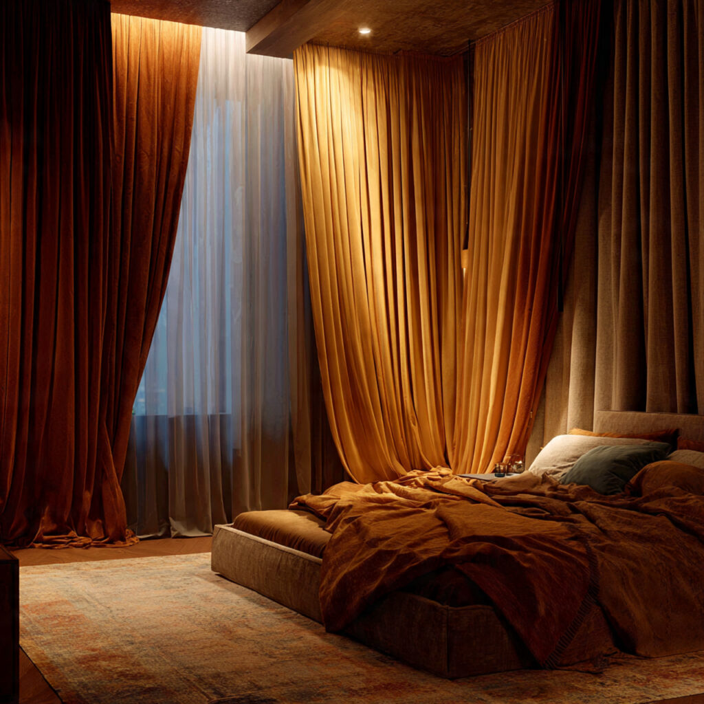 21 Cozy Bedroom Ideas That Make Your Space Warm, Relaxing, and Perfect for Everyday Comfort 8 Hang Heavy Curtains That Pool Slightly on the Floor