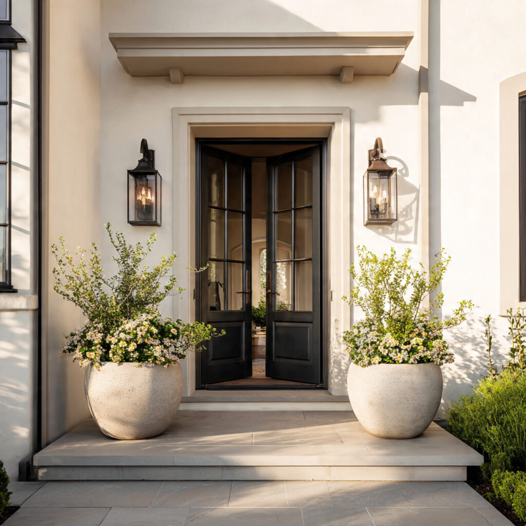 Large Planters Flanking the Front Door